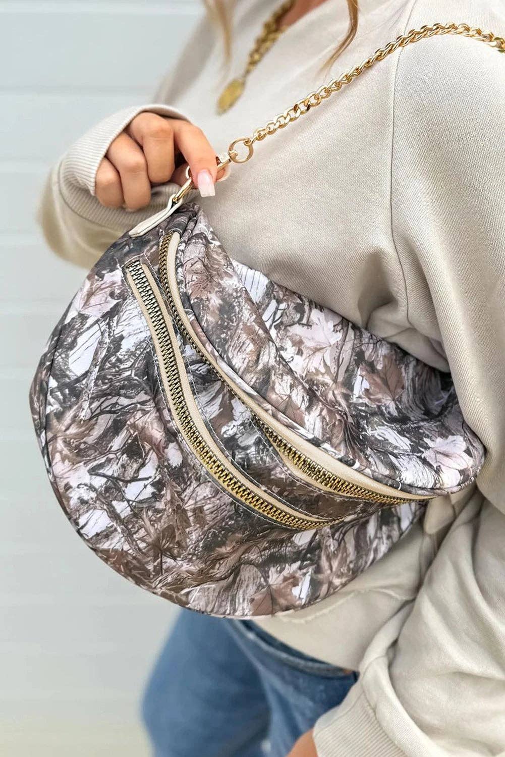 Camo Print Crossbody Shoulder Bag with Gold Chain Detail