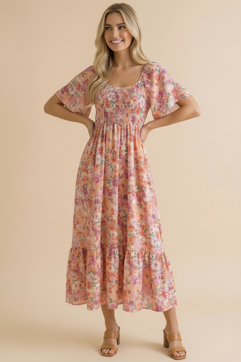 Plus Sweetheart Flutter Sleeve Floral Maxi Dress