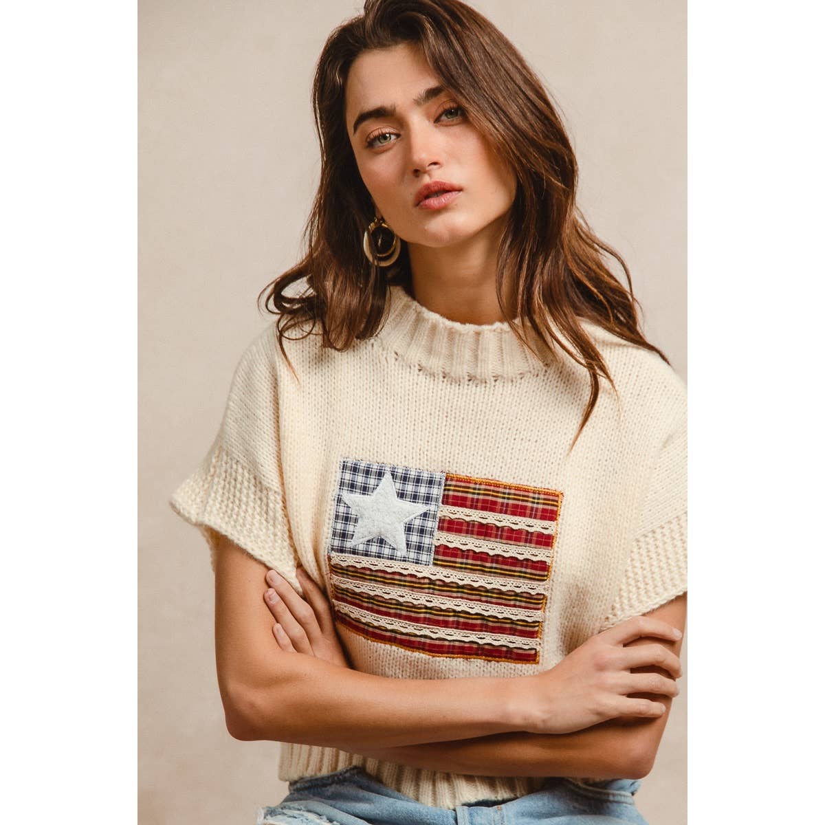 AMERICAN FLAG PATCHWORK DROP SHOULDER SWEATER
