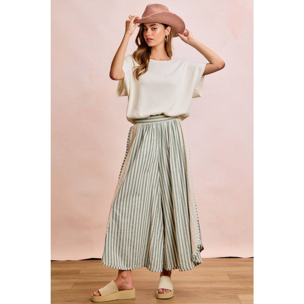 FLORAL EYELET SIDE ELASTIC STRIPES WIDE LEG PANTS