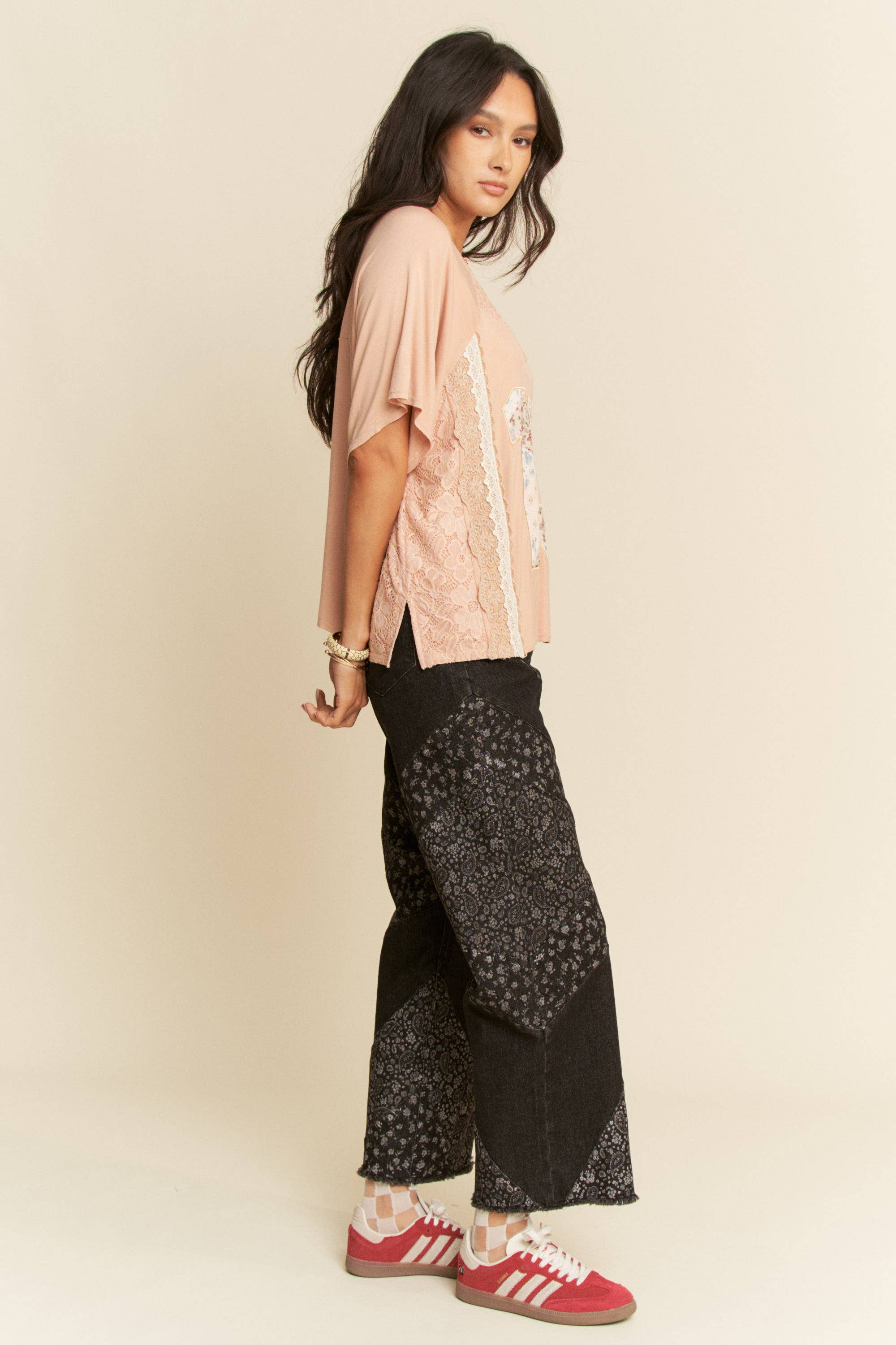 WIDE OPENING DENIM DITSY FLORAL AND PAISLEY PRINT