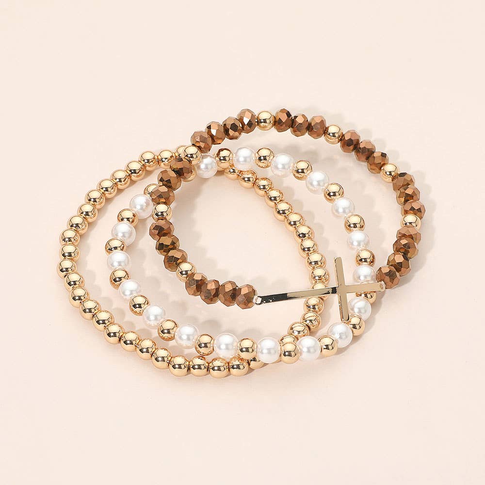 3PCS - Cross Charm Pearl Metal Ball Faceted Beaded Stretch Multi Layered Bracelets
