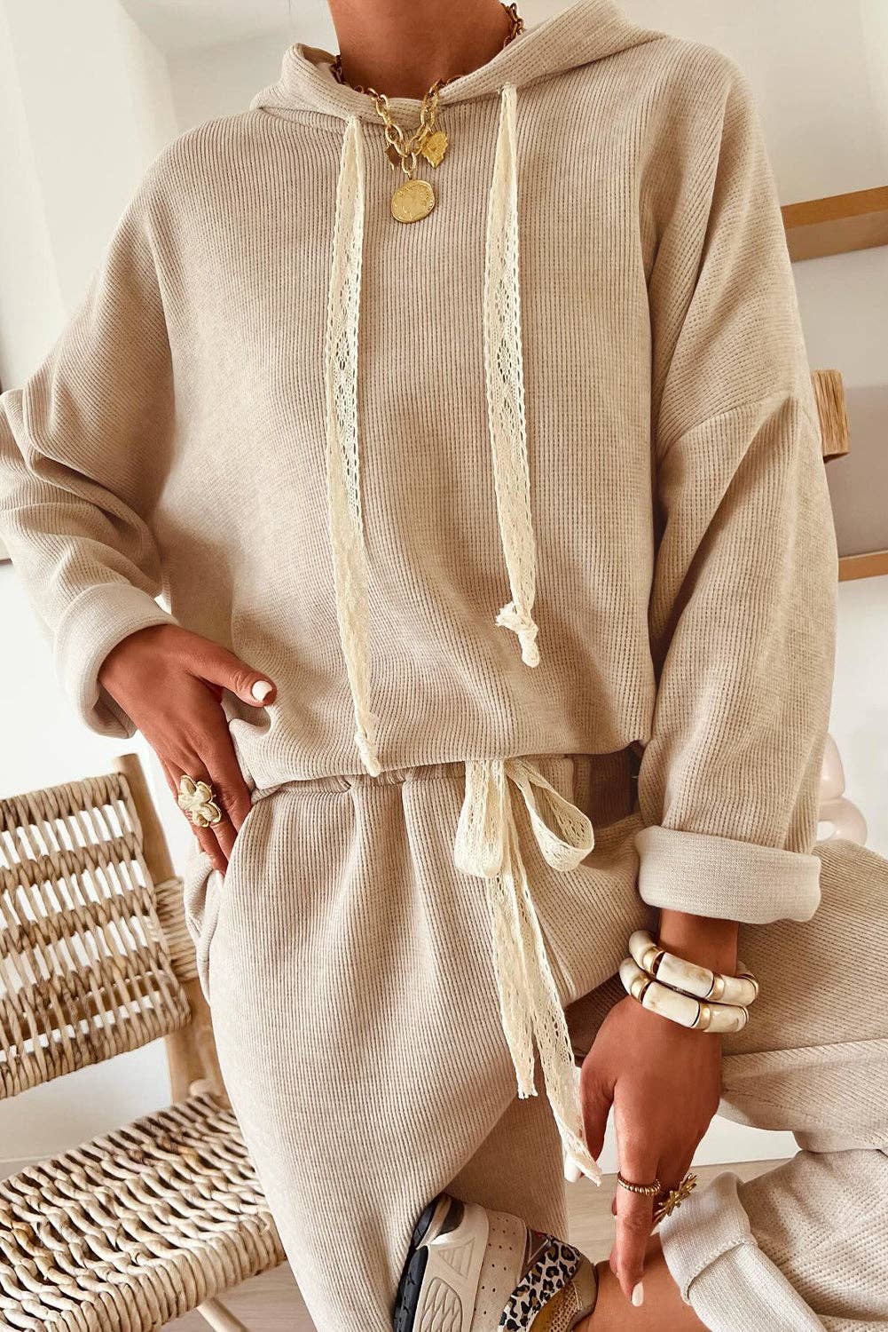 Parchment Leopard Drawstring Pullover Hoodie and High Waist Pants Corduroy Suit
