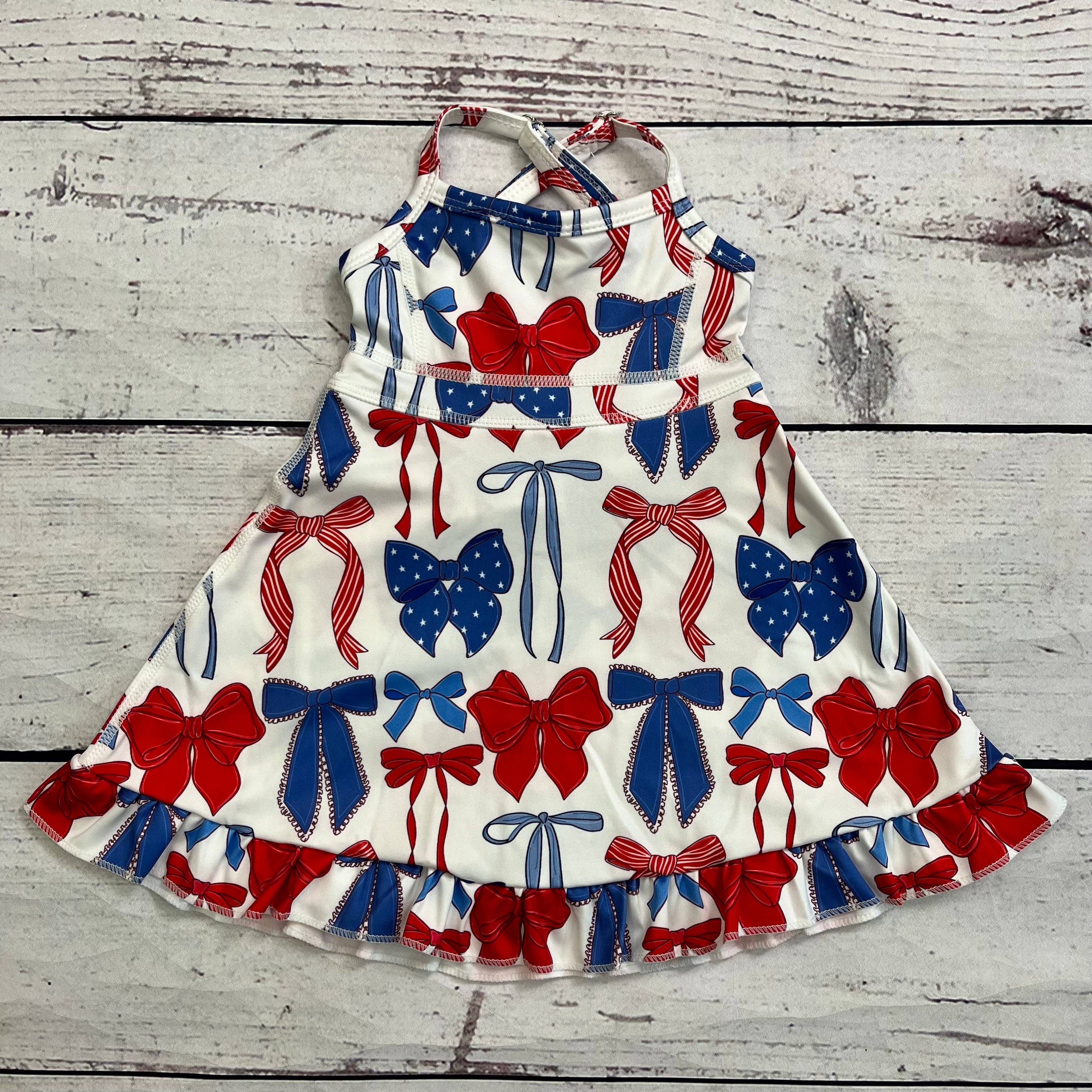 Girls Bows Printed Patriotic Athletic Dress With Ruffle