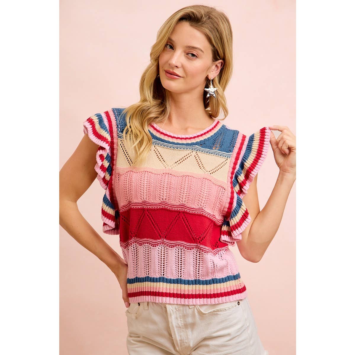 4TH OF JULY THEME MULTI COLORS RUFFLED SLEEVES TOP