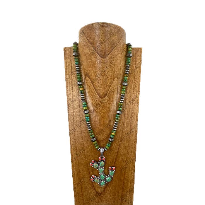 30'' silver Navajo pearl and green turquoise stone with green cactus pendent Necklace