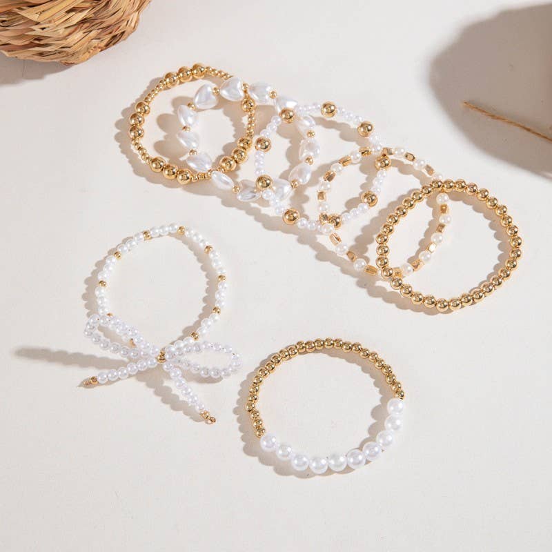 MULTILAYER BALL CHAIN BEAD PEARL BOW BRACELET