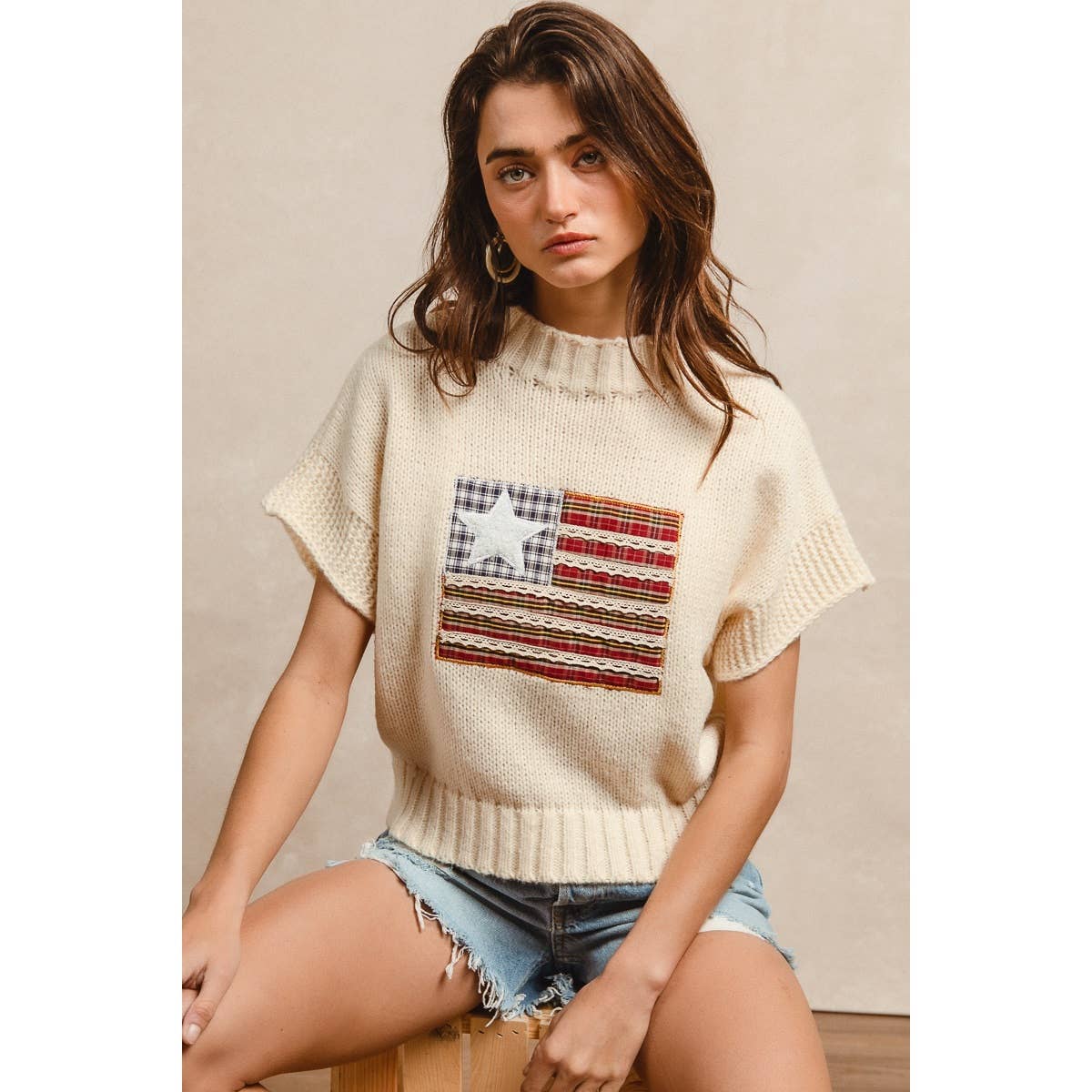 AMERICAN FLAG PATCHWORK DROP SHOULDER SWEATER