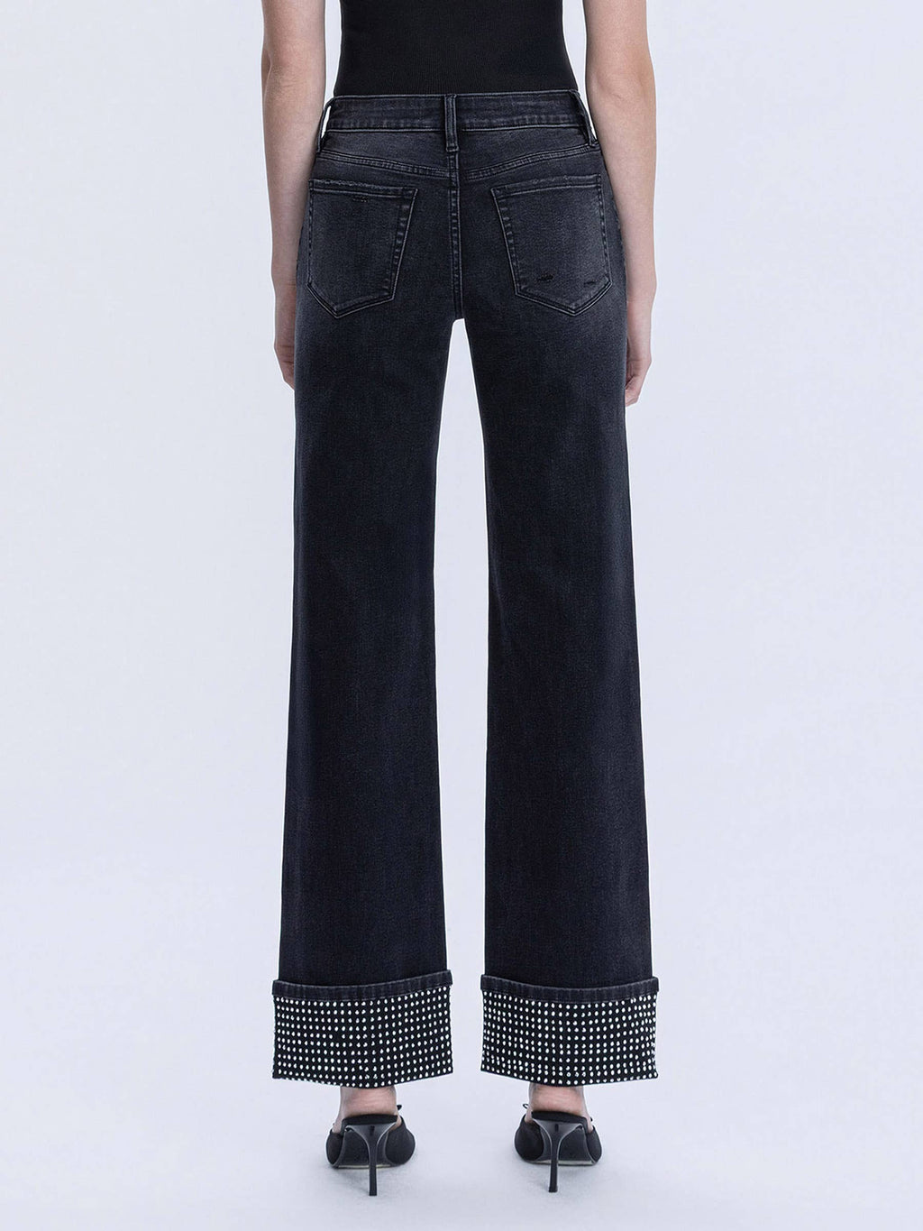 MID RISE RHINESTONE CUFFED BLACK SLIM WIDE JEANS