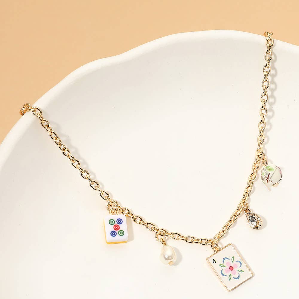 Mahjong Tile Pearl Stone Charm Necklace