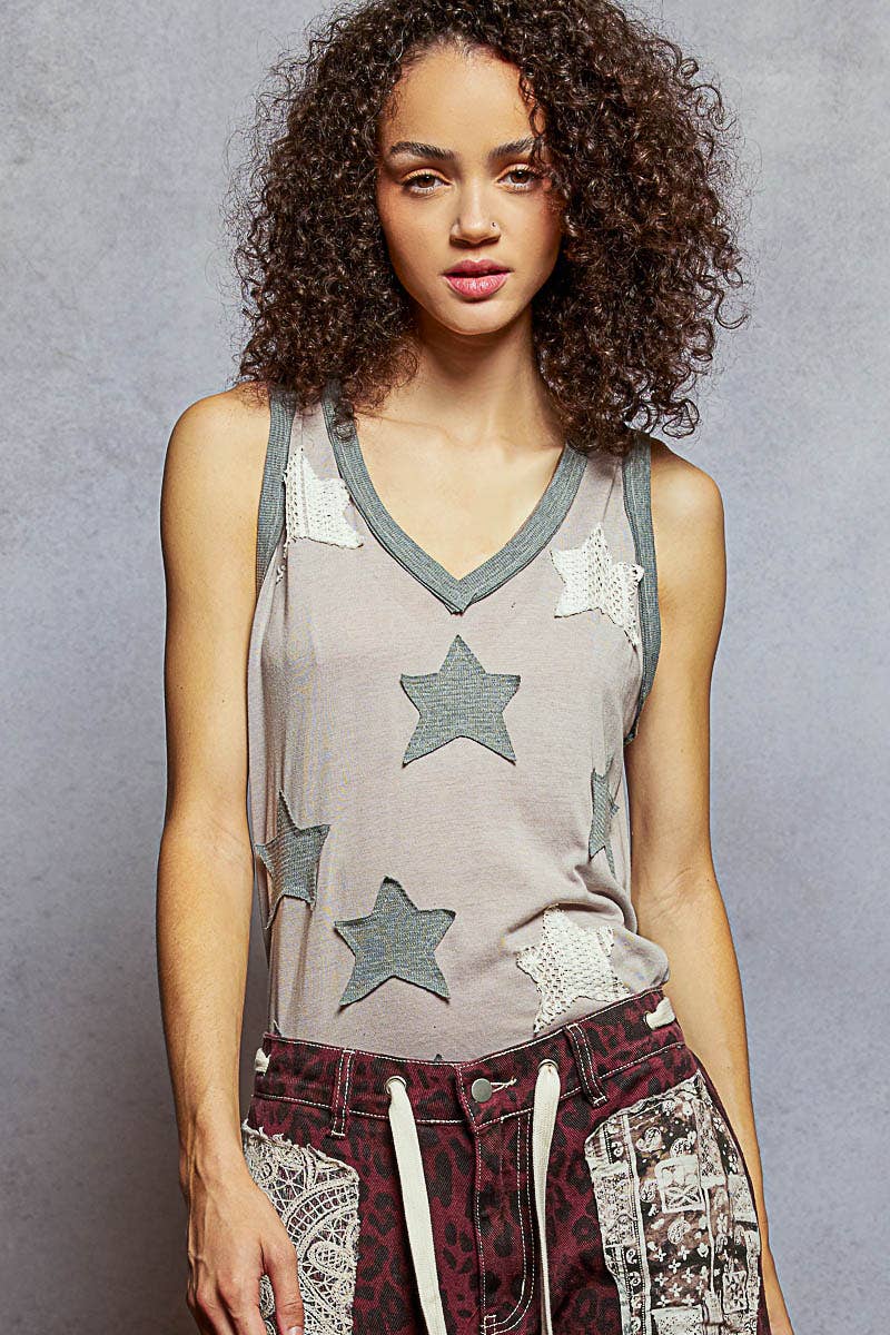 V-neck Sleeveless Front Star Patches Solid Basic Top SALE