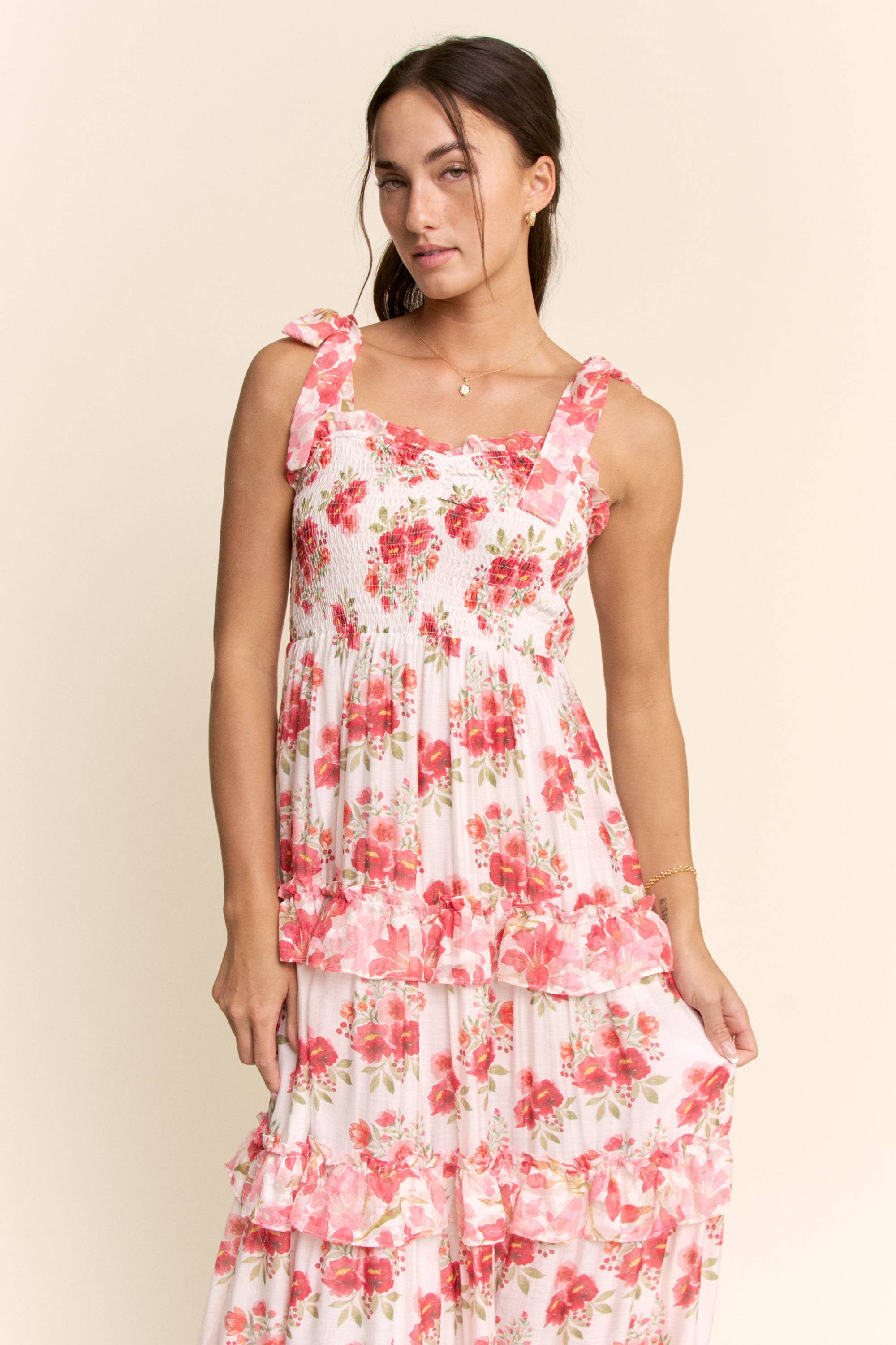 GARDEN FLORAL RUFFLE SMOCK SHOULDER MIDI DRESS