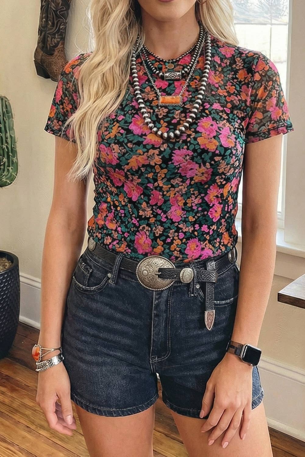Floral Printed Mock Neck Mesh Short Sleeve Top