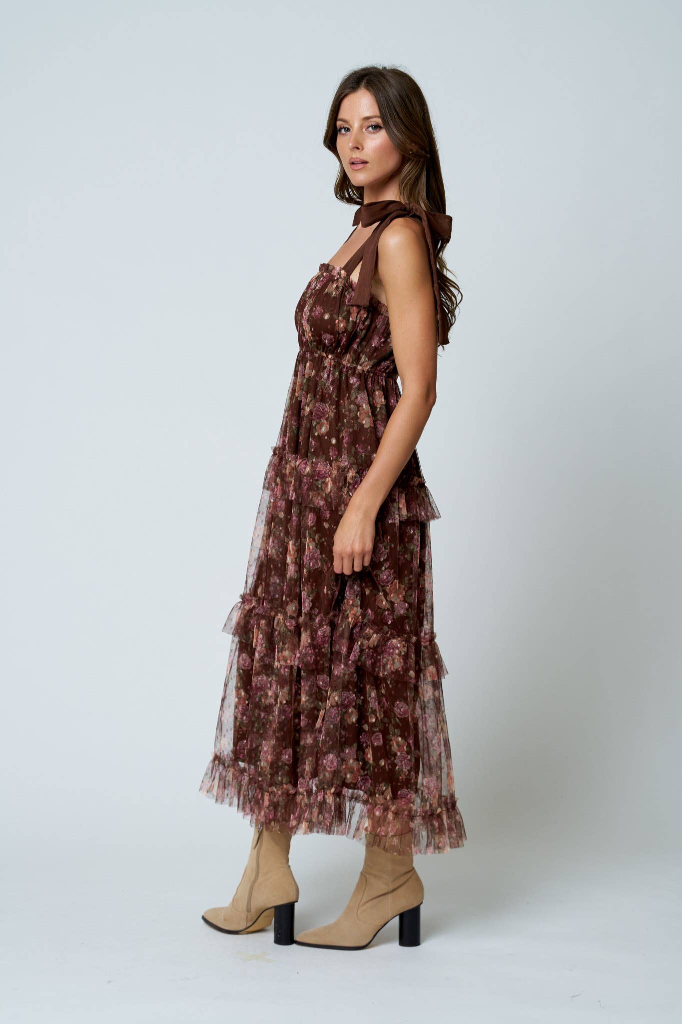 FLORAL CHIFFON TIE STRAP RUFFLED TIERED MIDI DRESS