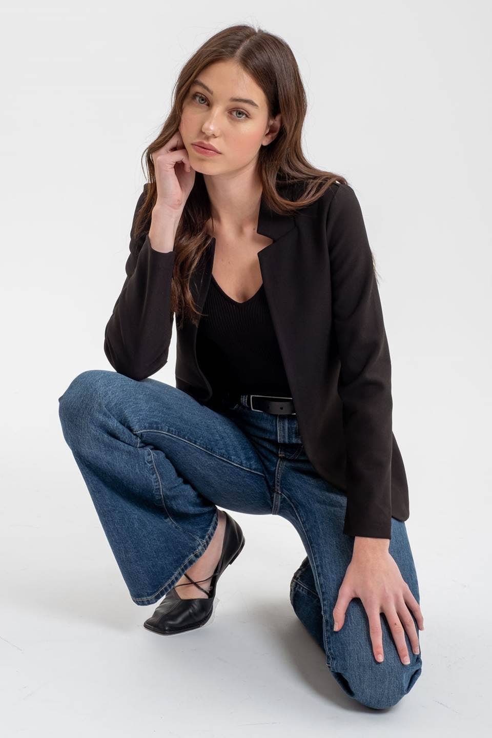NOTCH COLLAR LONG SLEEVE LONG LINE BLAZER