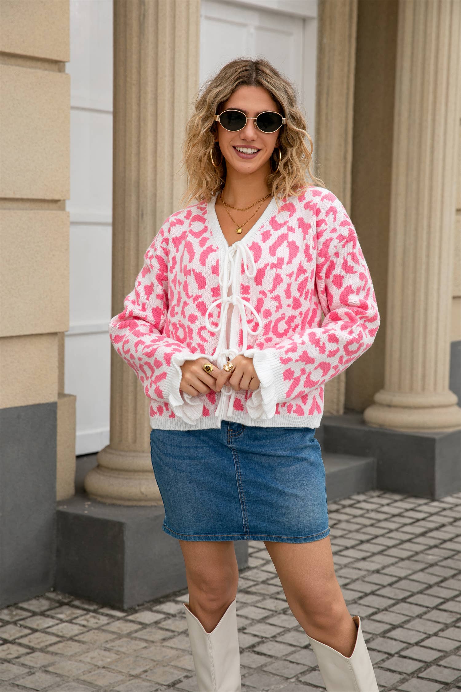 Leopard Knit Cropped Bow Cardigan