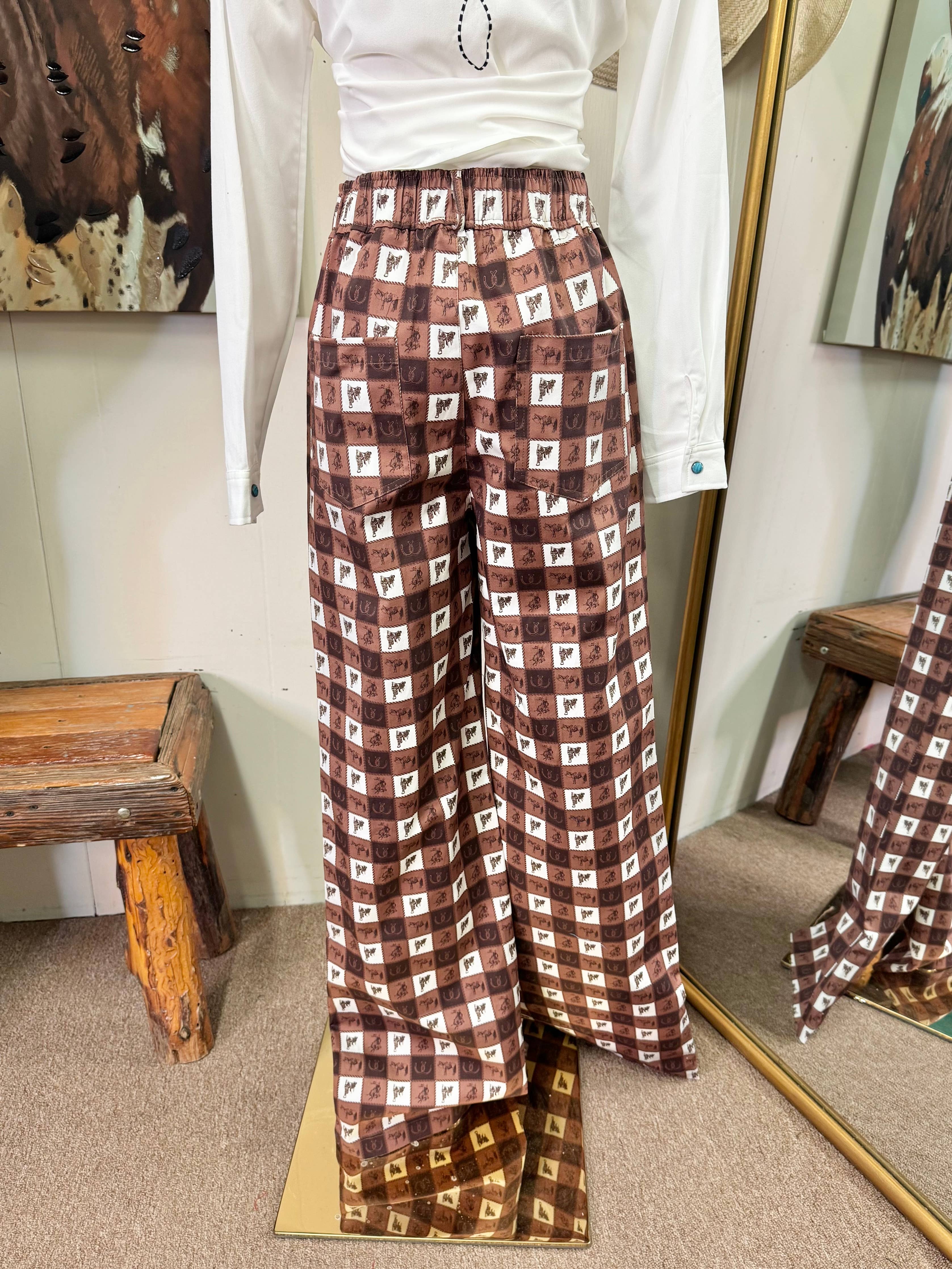 Brown western plaid gingham print pants