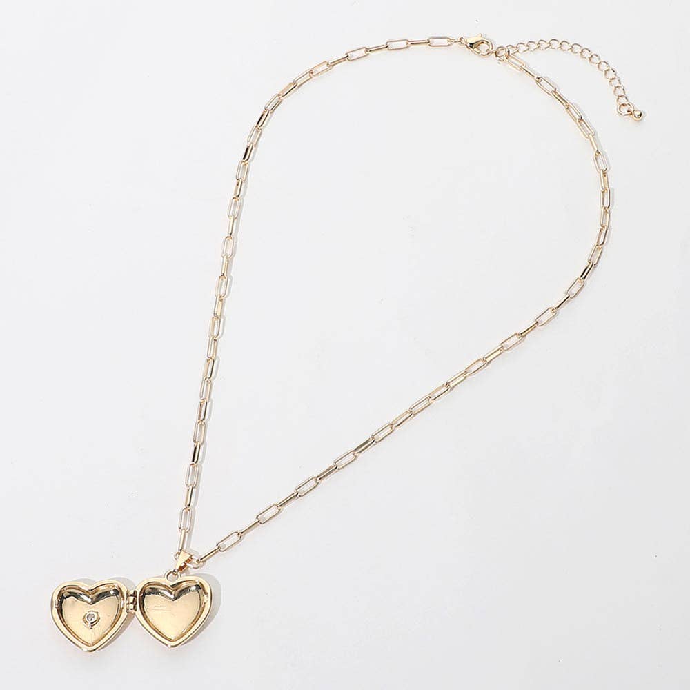 SECRET BOX_14K Gold Dipped CZ Pave Heart Locket Pendant Paperclip Chain Necklace