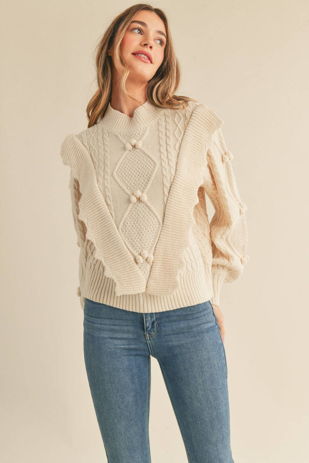 MOCK NECK CABLE KNIT PULLOVER WITH POM