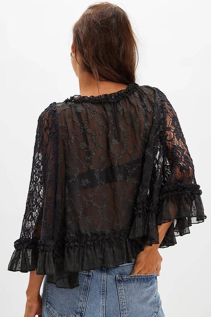 Lace Floral Ruffle Blouse