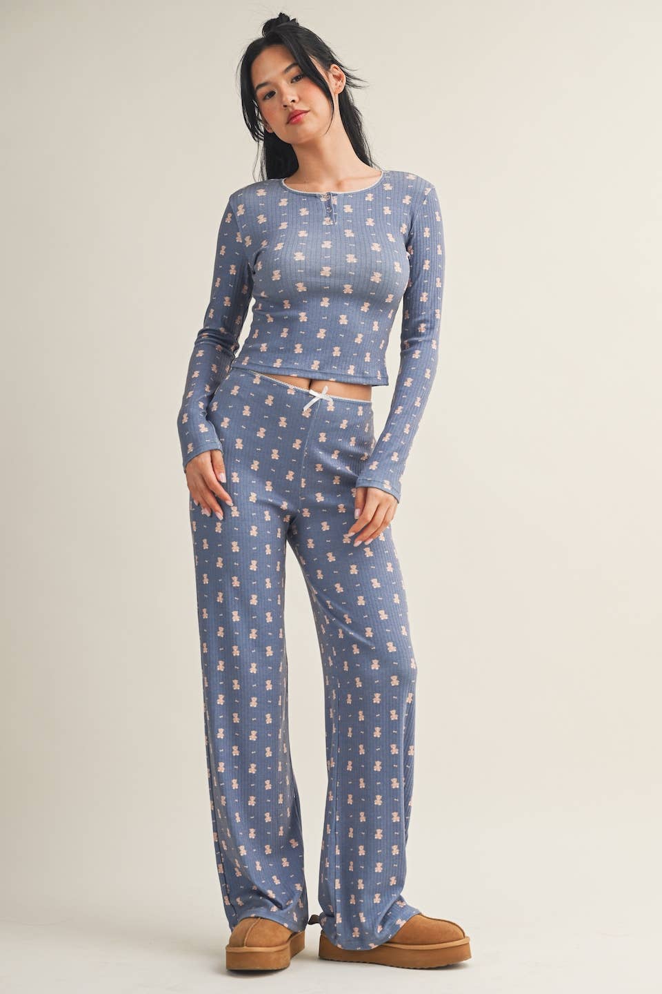 Crewneck Teddy Bear Print Pointelle Lounge Set