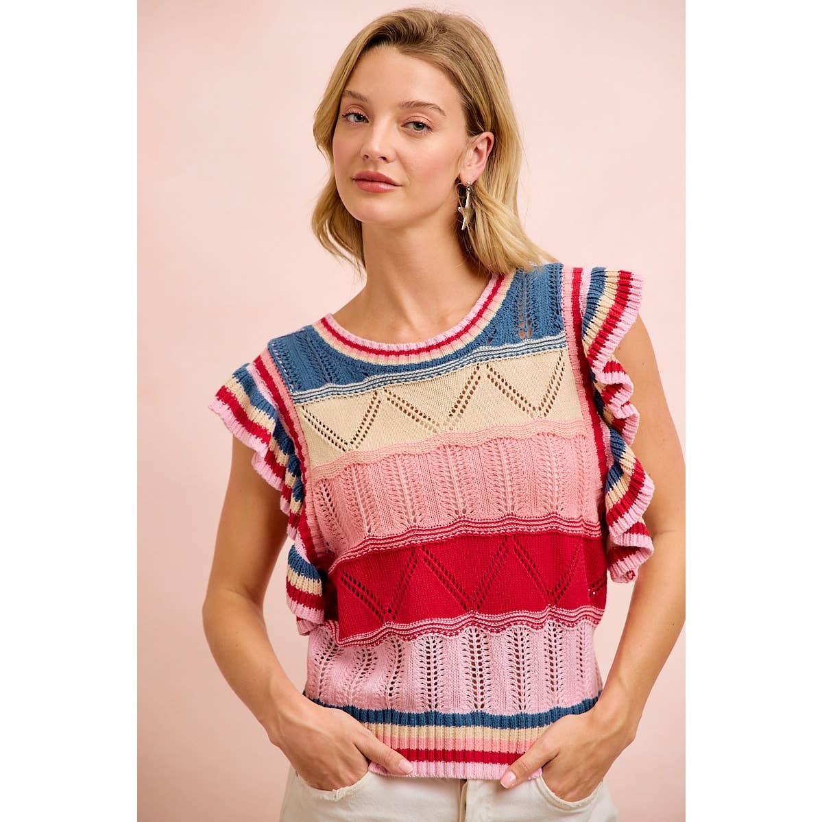 4TH OF JULY THEME MULTI COLORS RUFFLED SLEEVES TOP