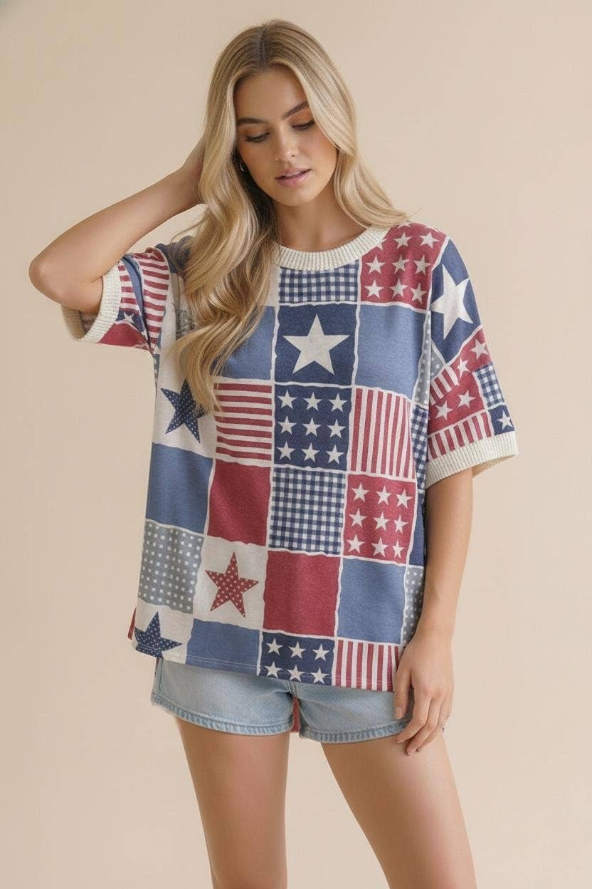 Round Neck Star and Stripe Patchwork Print