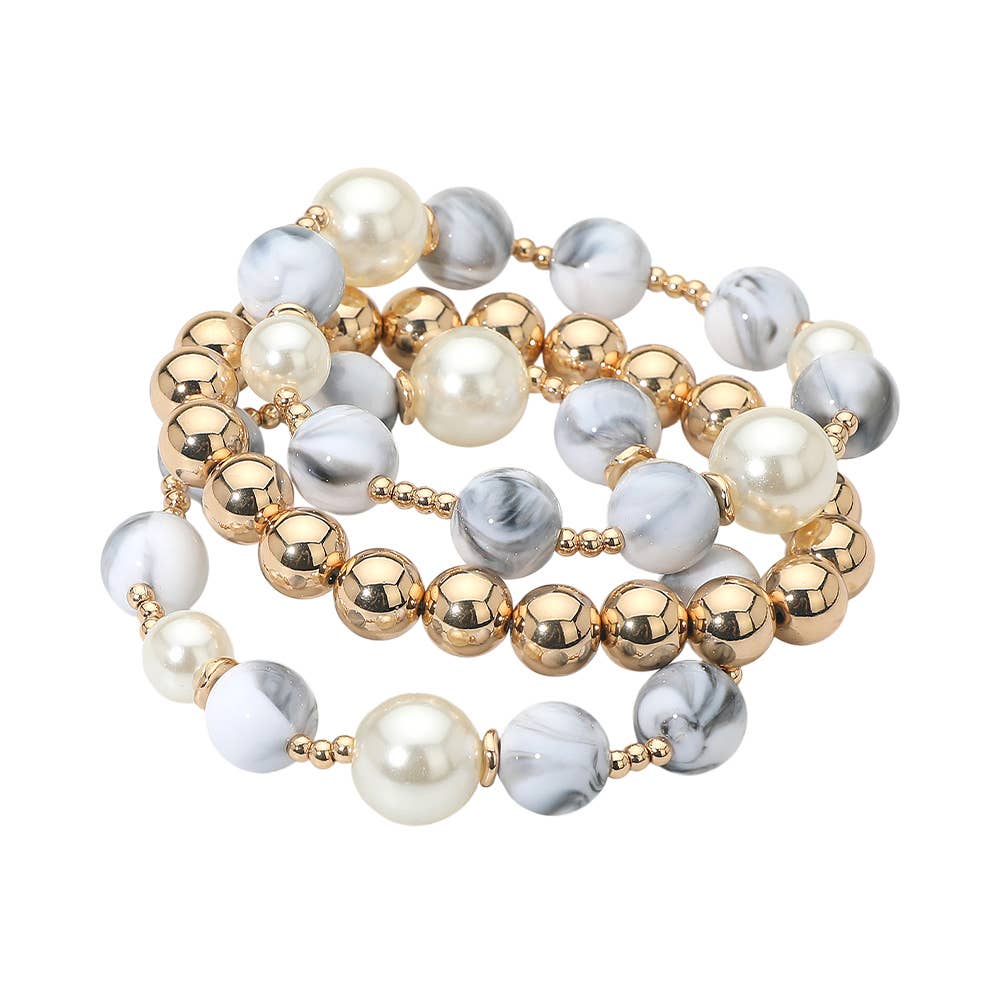 3PCS - Round Pearl Mixed Beaded Stretch Multi Layered Bracelets