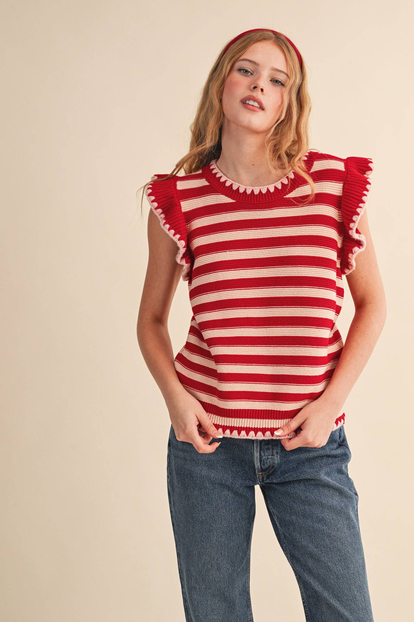 STRIPED FLUTTER SLEEVE SWEATER TOP