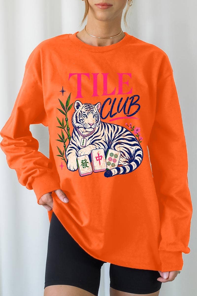 Mahjong Tile Club Tiger Graphic Long Sleeve Tee