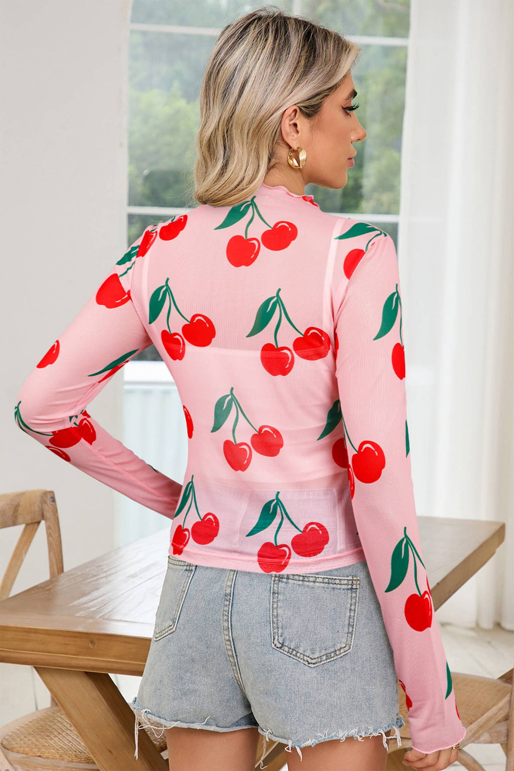 Cherry Print Lettuce Trim Long Sleeve Mesh Top
