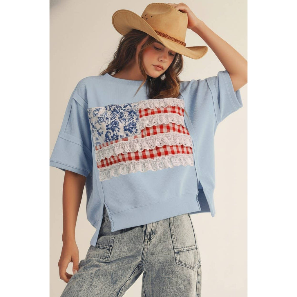 4th Of July Lace Trim Patch Pullover Sweatshirt