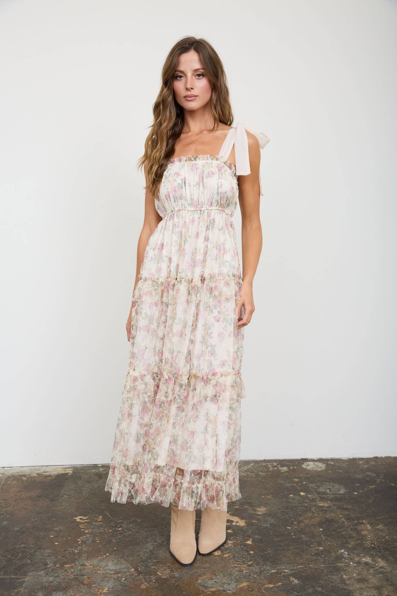 FLORAL CHIFFON TIE STRAP RUFFLED TIERED MIDI DRESS