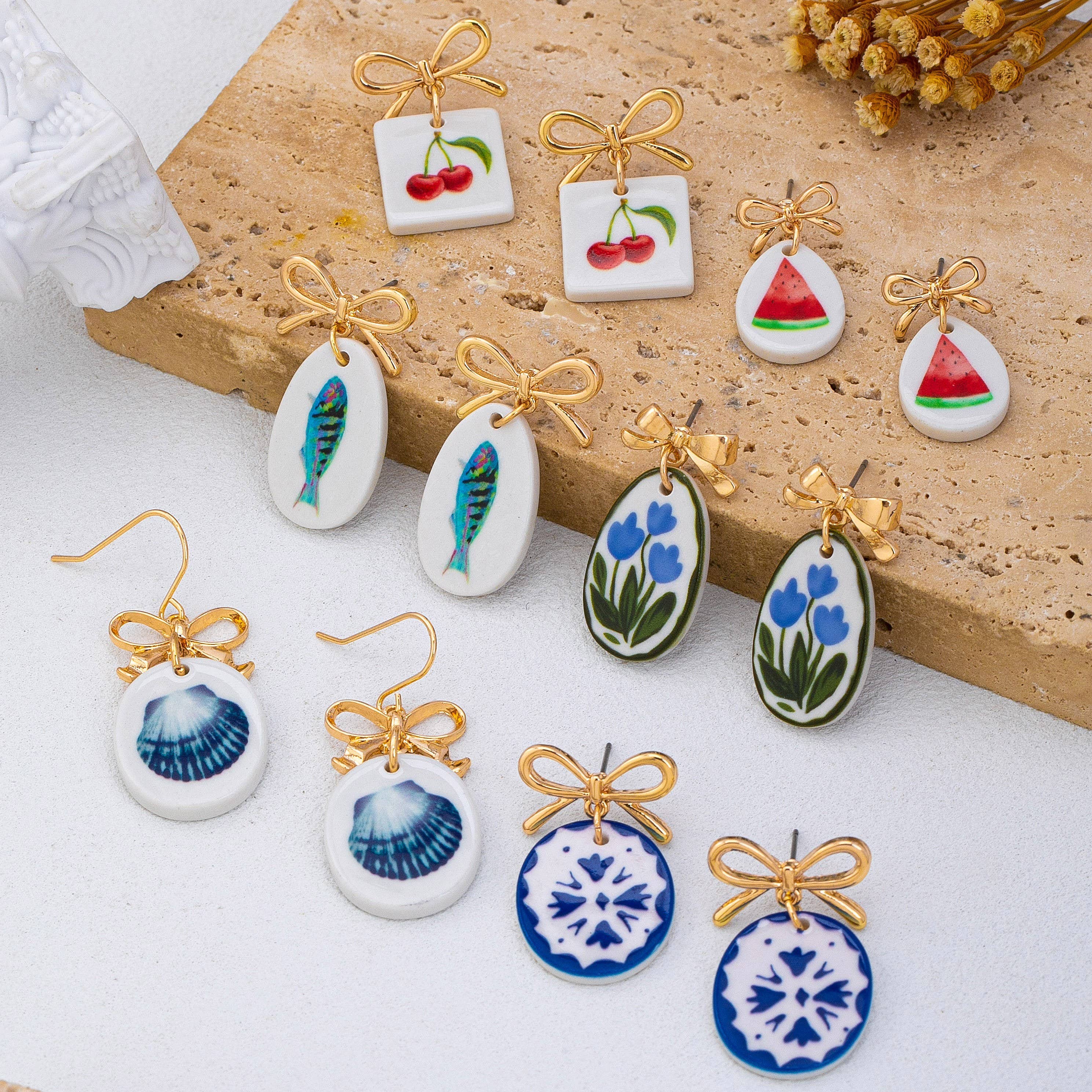 Gold Bow Drop Enamel Charm Statement Earrings