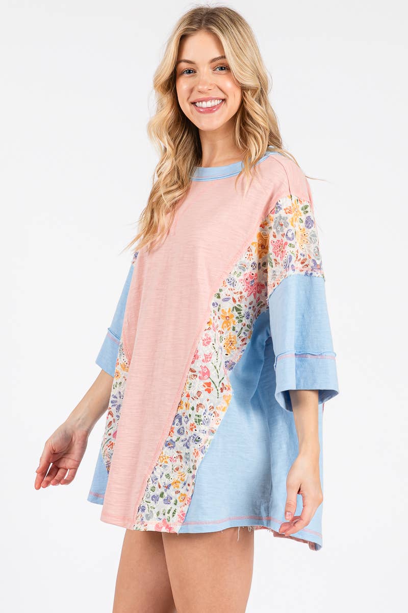 WASHED FLORAL PATCHWORK OVERSIZED CONTRAST TEE