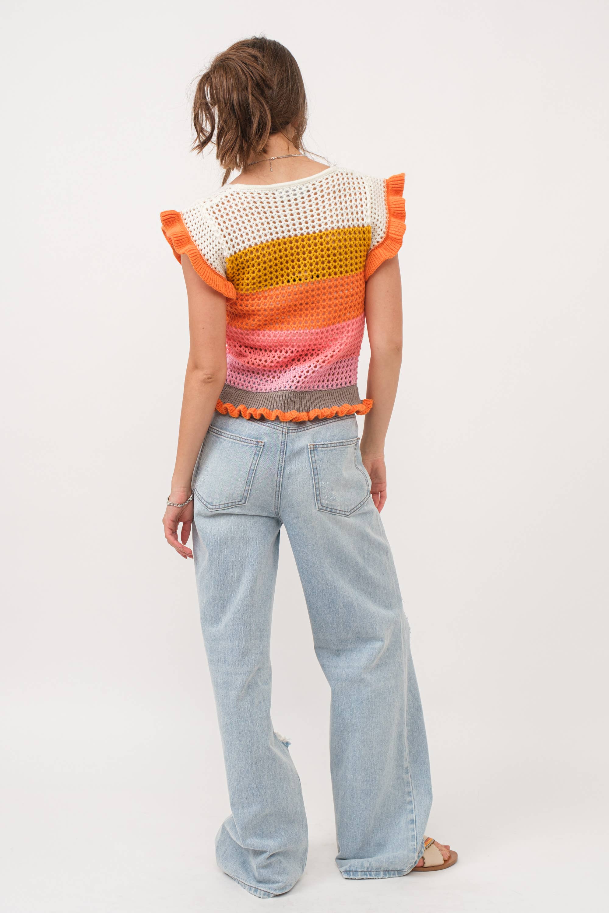 Crochet Knitted Multi Stripe Ruffle SLV Sweater Top