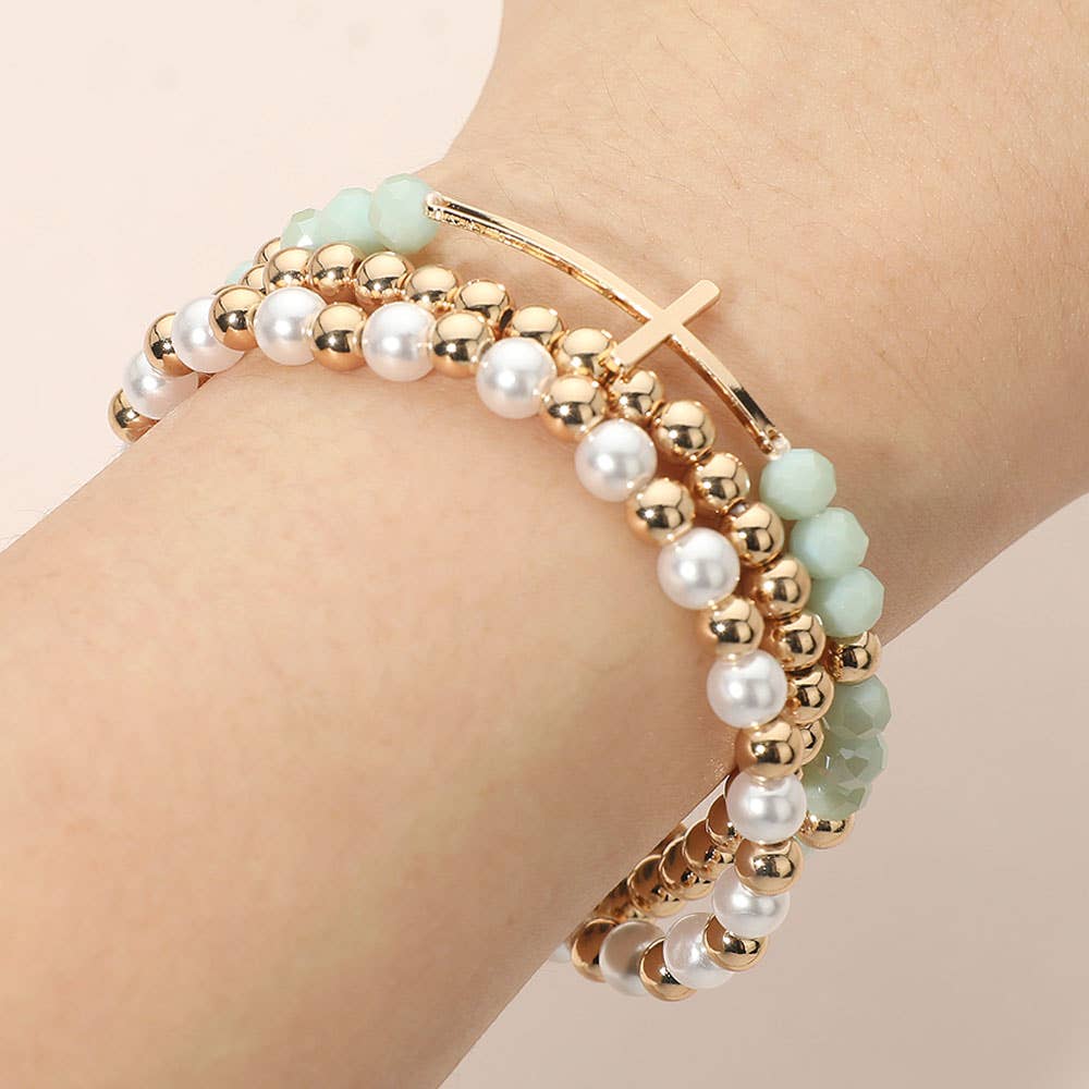 3PCS - Cross Charm Pearl Metal Ball Faceted Beaded Stretch Multi Layered Bracelets
