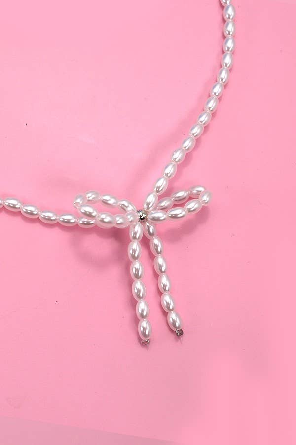 PEARL BEAD BOW RIBBON NECKLACE