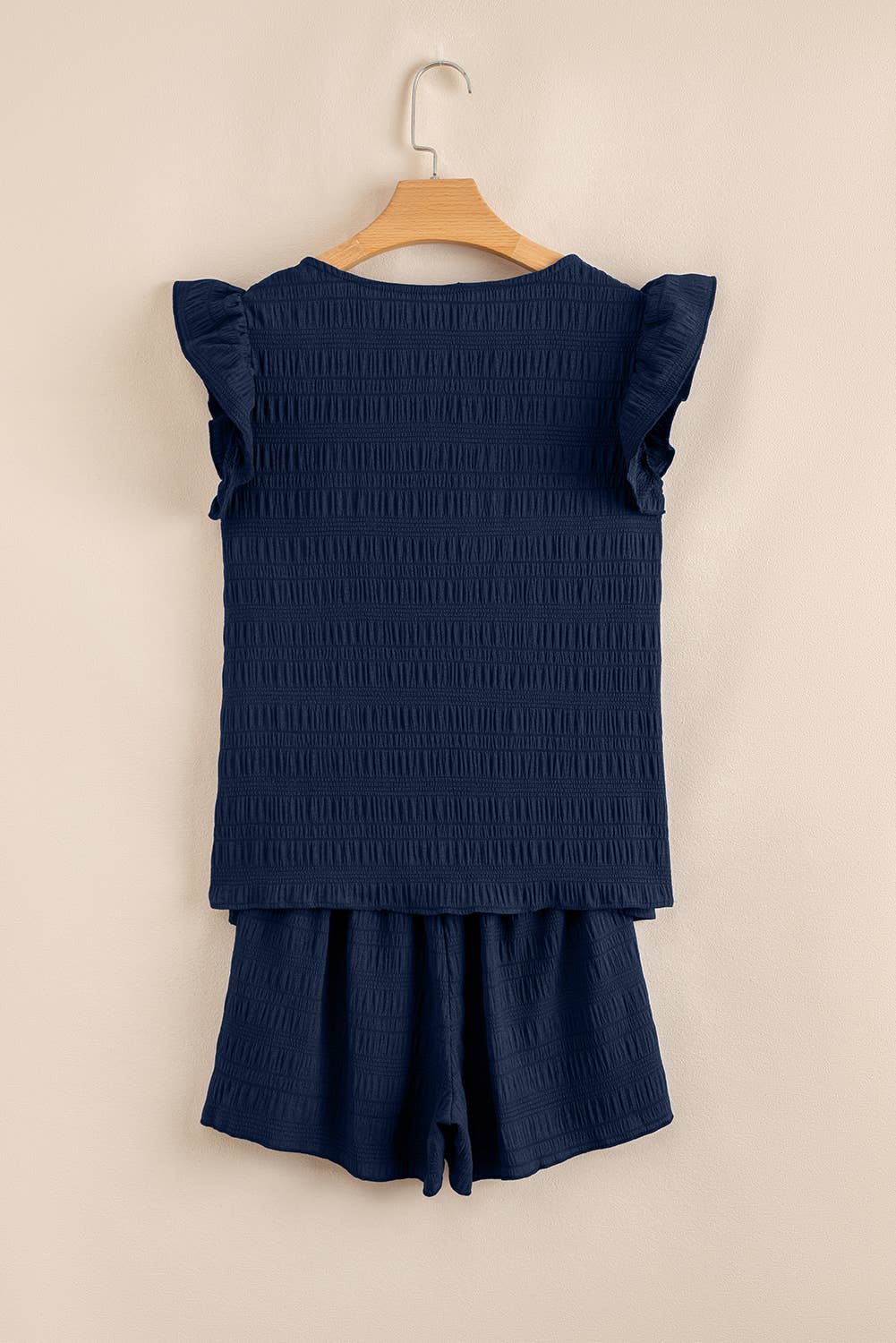 Textured Square Neck Ruffle Top and Shirred Shorts 2 Pcs Set