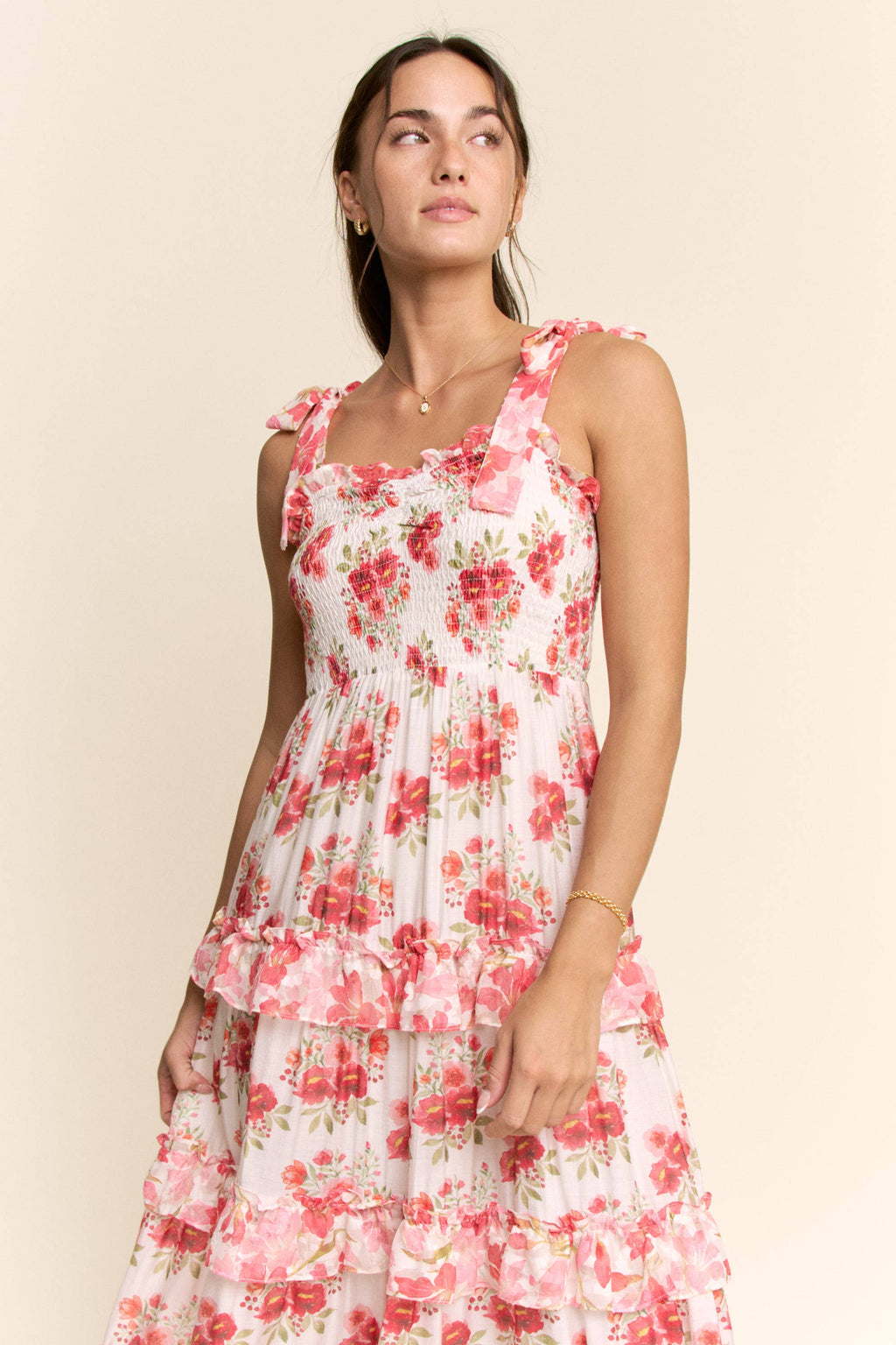GARDEN FLORAL RUFFLE SMOCK SHOULDER MIDI DRESS