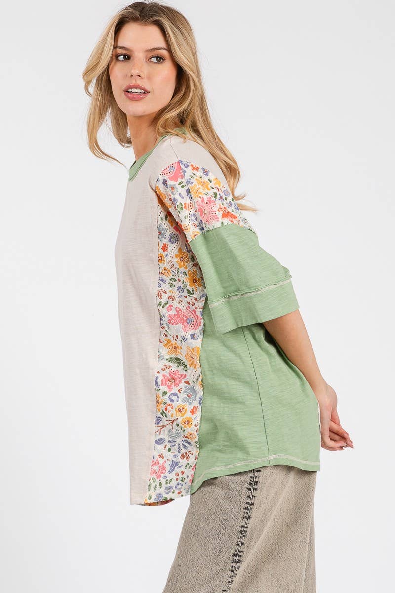 WASHED FLORAL PATCHWORK OVERSIZED CONTRAST TEE