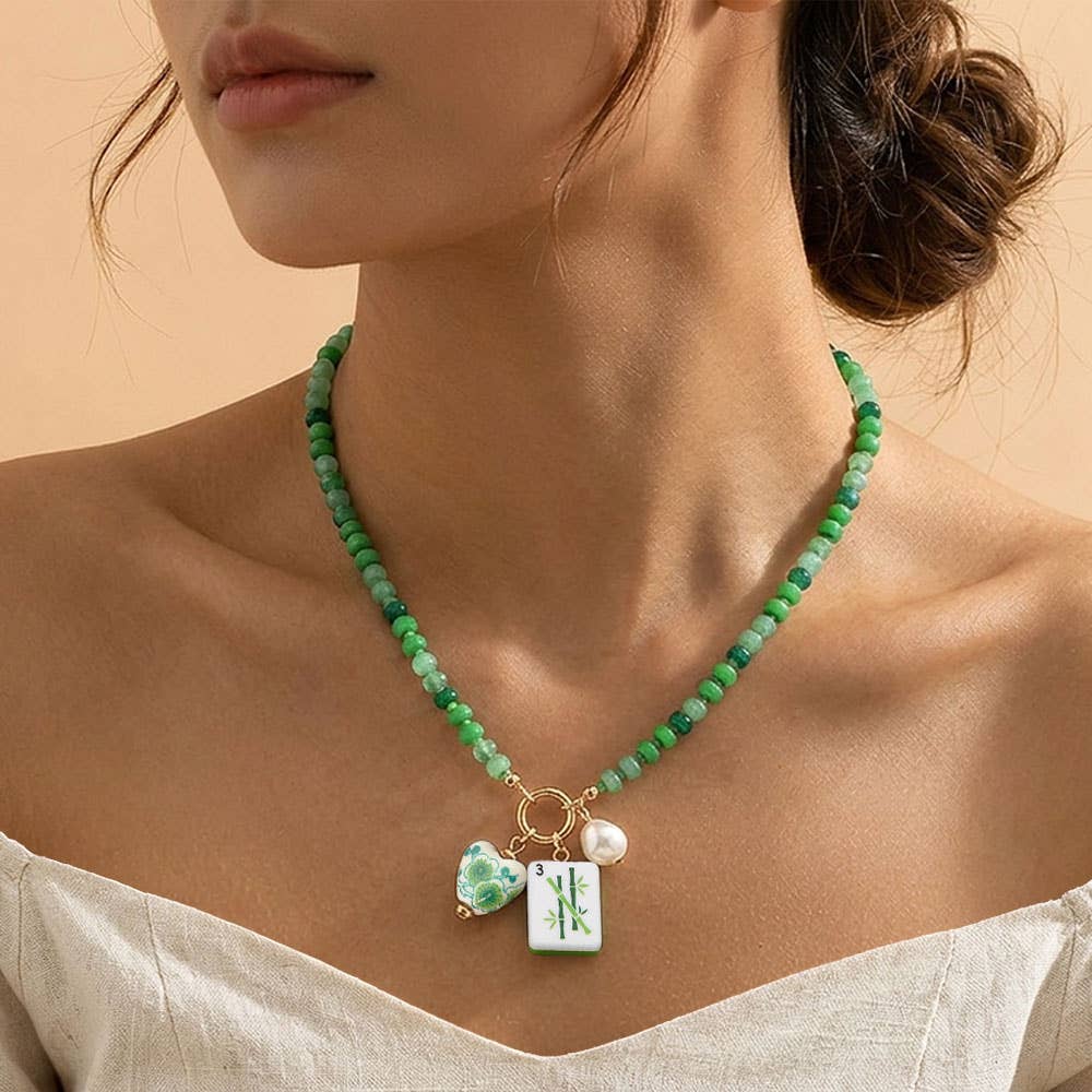 Mahjong Tile Charm Pearl Floral Bead Ball Charm Pendant Beaded Necklace
