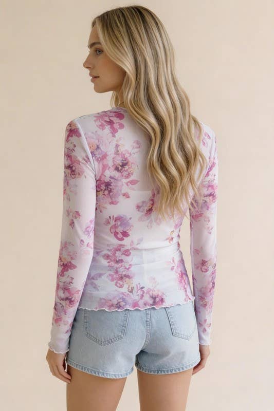 Plus Long Sleeve Floral Esh Semi Sheer Top