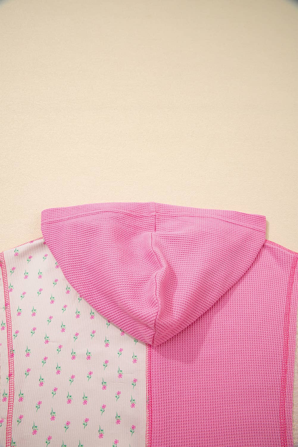 Pink Texture Floral Patched Hooded Oversize Pullover