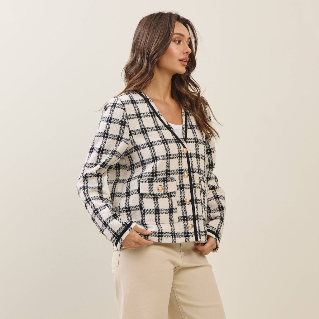 Plaid Collarless V-neck Jacket