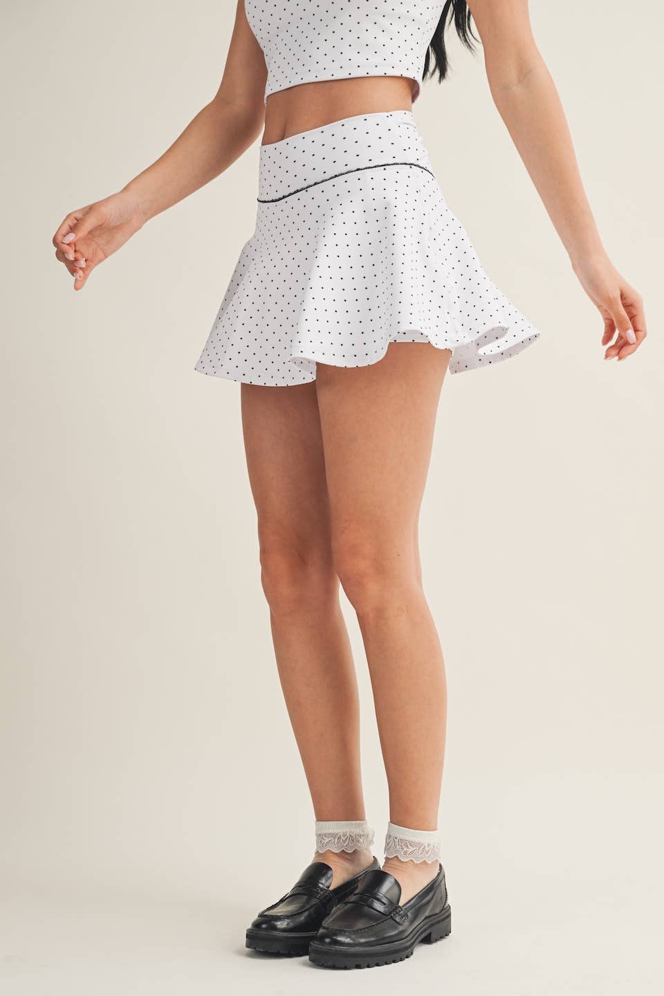 Polka Dot Print Mini Circle Skort with Bow Back and Lace Tri