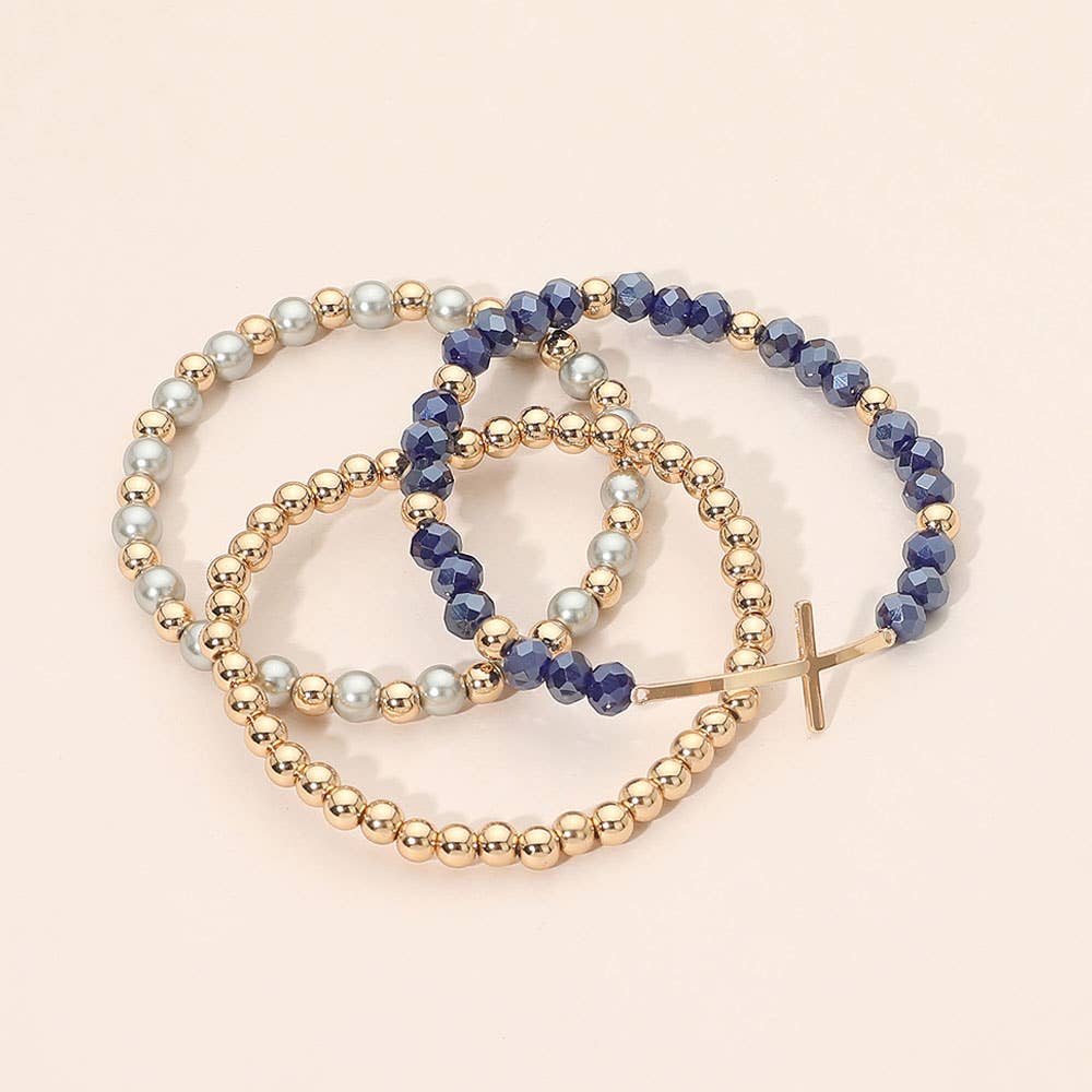 3PCS - Cross Charm Pearl Metal Ball Faceted Beaded Stretch Multi Layered Bracelets