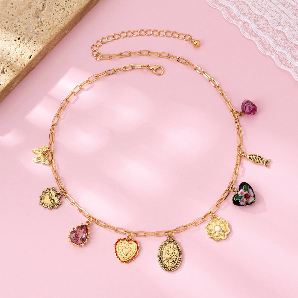 Heart Cloisonne Multi Charm Necklace