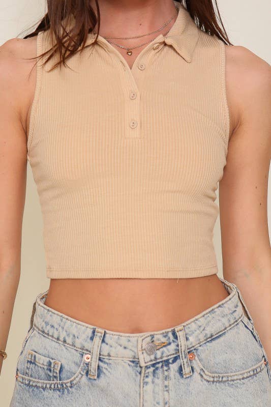 Boho Taupe Polo Ribbed Top