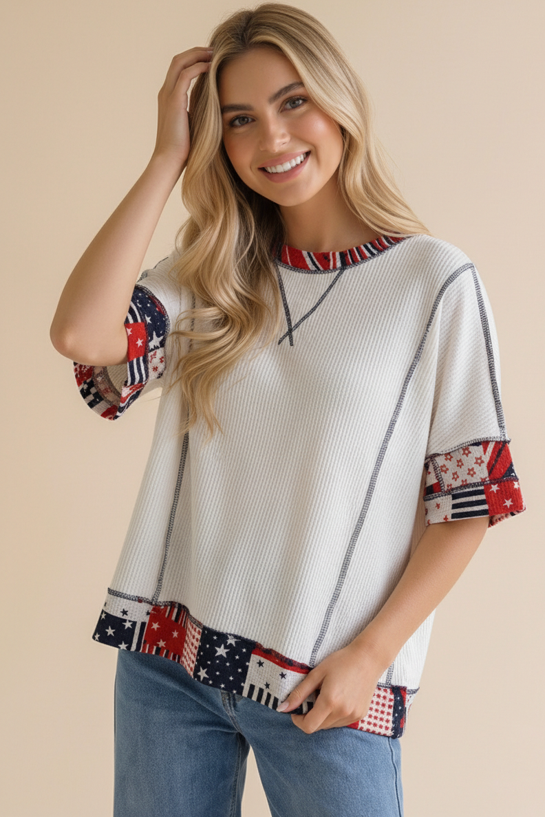PLUS OVERSIZED PATRIOTIC COLOR BLOCK KNIT TOP